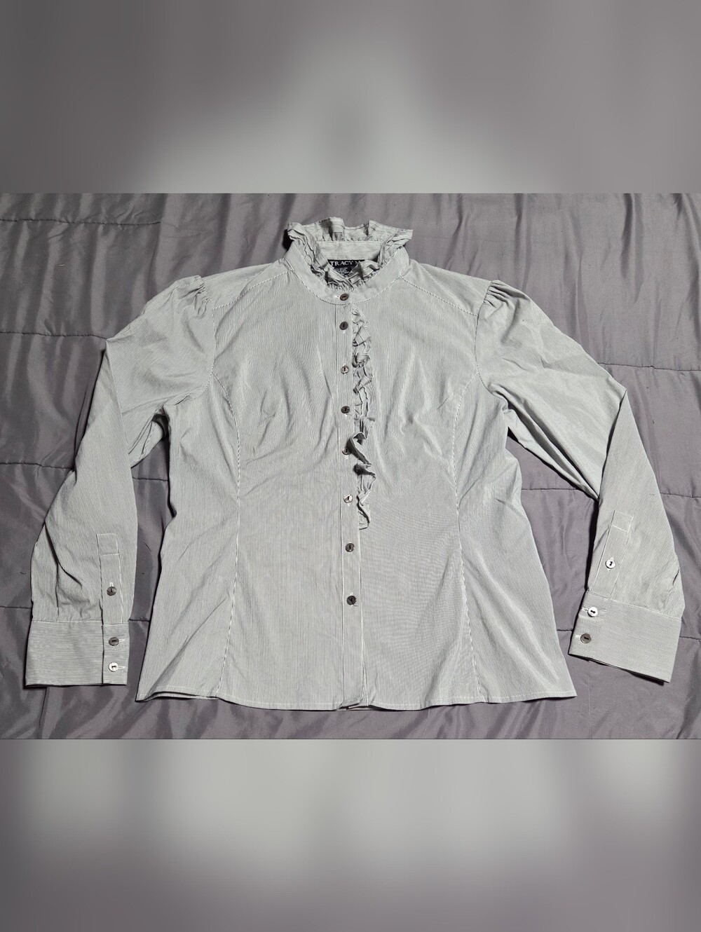Tracy Martin Ruffled Button-Front Blouse - Pinstripe Light Gray & White